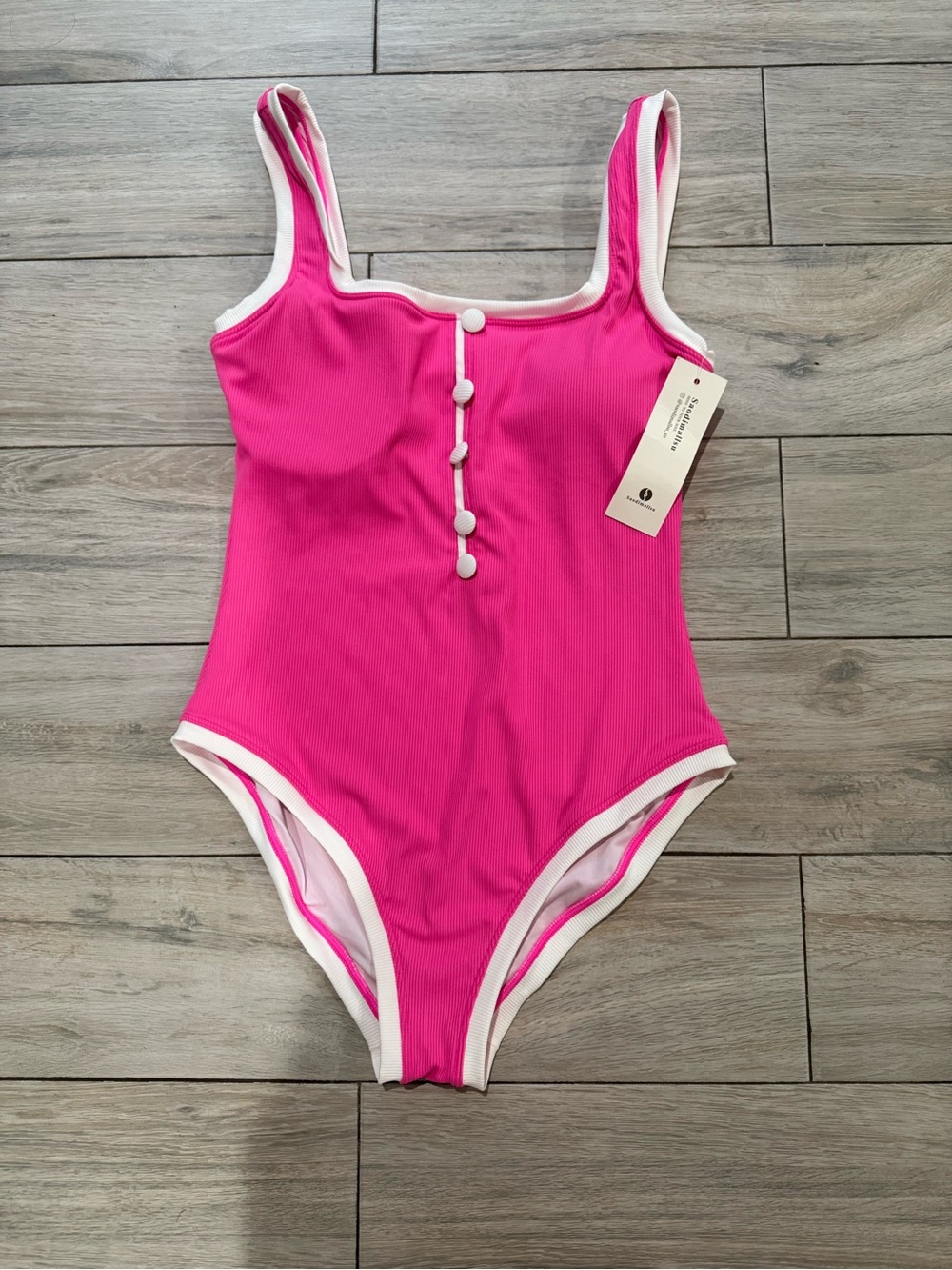 Women’s BNWT Bright Pink One-Piece Swimsuit with White Trim